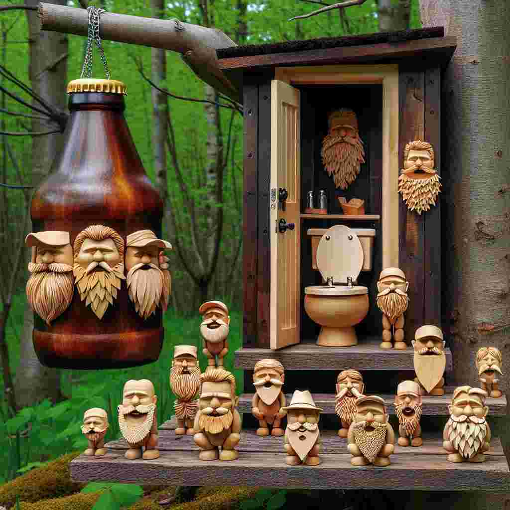 Unleash your creativity and comically depict a father's day scene in a wooded outdoor setting. Feature a quirky birdhouse that resembles a beer bottle and is made of polished wood. Suspend it from a tree branch. Decorating the scene below are numerous miniature wooden sculptures representing different beard styles, honoring the variety found among dads worldwide. Include a whimsical outhouse impeccably crafted by a master woodworker in the backdrop. Its door is left slightly open, giving a view of an elegantly carved wooden imitation of a porcelain throne, complete with a humorous sculpted pile that cheekily encapsulates the act of defecating. Make sure the overall scene is playful and laughter-inducing.
Generated with these themes: Woodwork, Beer , Beards, and Having a poo.
Made with ❤️ by AI.