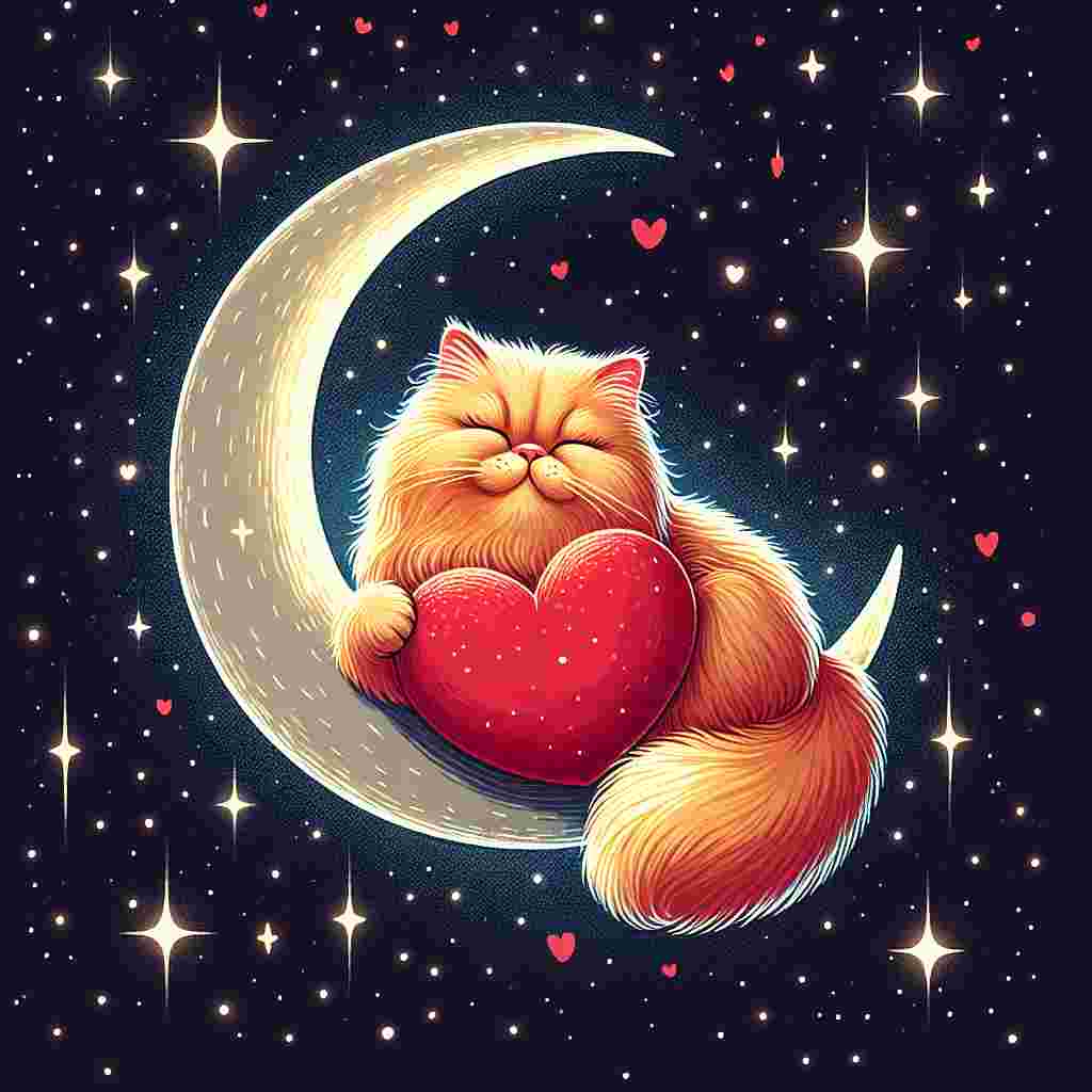 Design a Valentine's Day-themed image, featuring a fluffy Persian cat with ginger fur seated on a crescent moon. The backdrop is a starry space scene, contributing to a peaceful and romantic atmosphere. The cat's eyes are closed in satisfaction, and it's hugging a red, heart-shaped pillow. Stars lightly dot the scene, glowing subtly, creating a serene universe signifying an ode to love.
Generated with these themes: Ginger pershion cat, Space, and Star.
Made with ❤️ by AI.