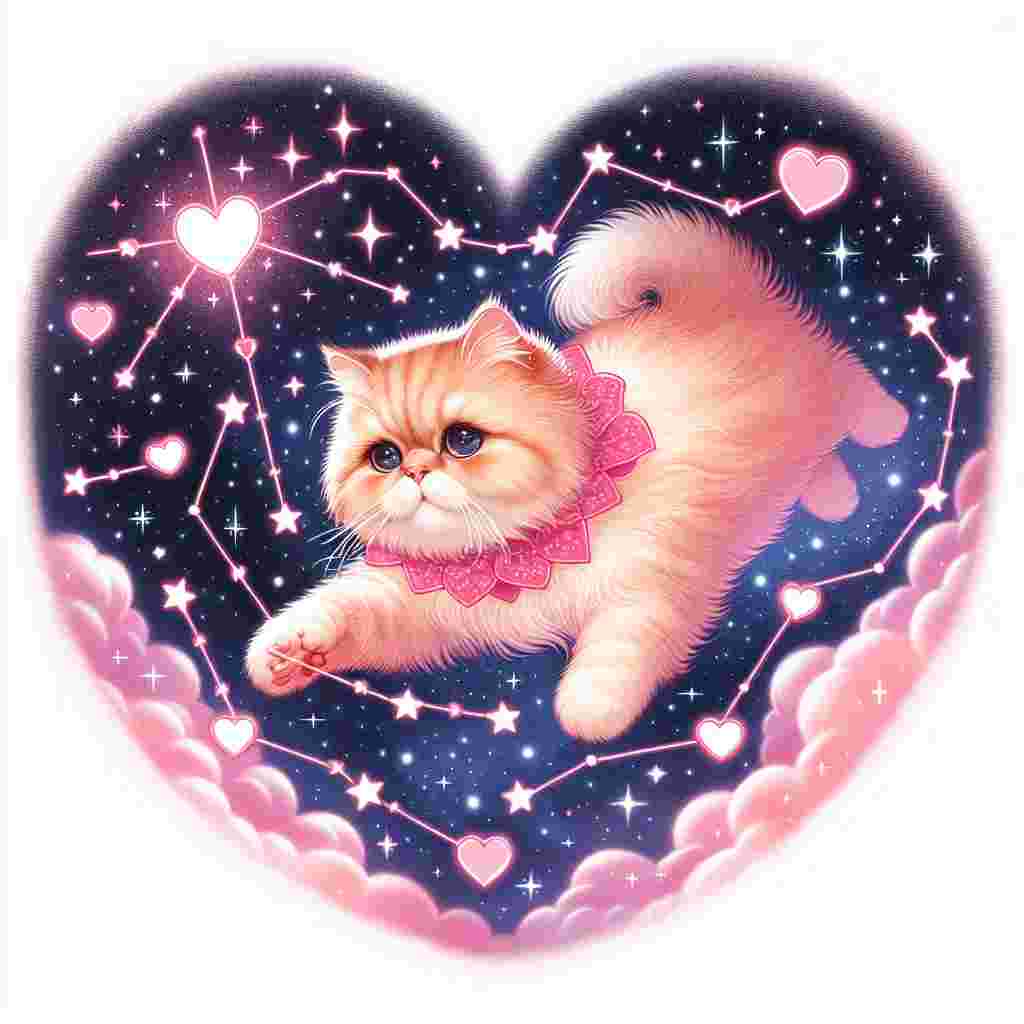 Create a charming Valentine's Day themed illustration. It should encompass a ginger Persian cat, floating seemingly in the midst of space, encircled by twinkling stars. The cat should be enhanced with a dainty pink heart-shaped collar around its neck. The cat, extending one of its paw towards a trail of small hearts, is following the pattern of a constellation. Such a divine scene should evoke an overwhelming sensation of love blossoming amidst the cosmic vastness.
Generated with these themes: Ginger pershion cat, Space, and Star.
Made with ❤️ by AI.