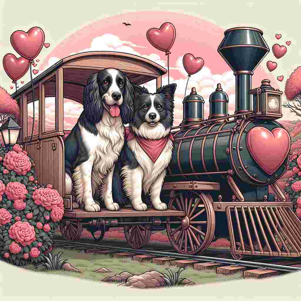 Produce a Valentine's Day themed illustration that features a quaint setup with a Springer Spaniel and a Border Collie sitting together in an open train carriage. This carriage forms a part of an old-fashioned steam train as it traverses a fantastical landscape. This landscape should be amply decorated with heart-shaped balloons and bushes blooming with roses to signify the journey of love.
Generated with these themes: Springer spaniel, Border collie , and Steam train.
Made with ❤️ by AI.