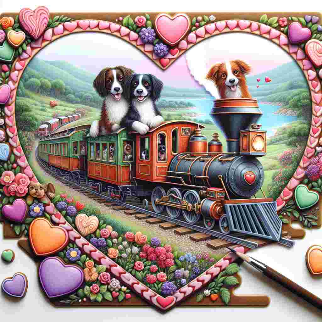 Craft a delightful Valentine's Day illustration depicting a steam train journeying along a heart-shaped track. Perched within the caboose, two endearing dogs, a Springer Spaniel and a Border Collie, peek out with joy. The landscape around the railway is generously adorned with vivid flowers and confectionery hearts, enhancing the romantic aura of the scene.
Generated with these themes: Springer spaniel, Border collie , and Steam train.
Made with ❤️ by AI.
