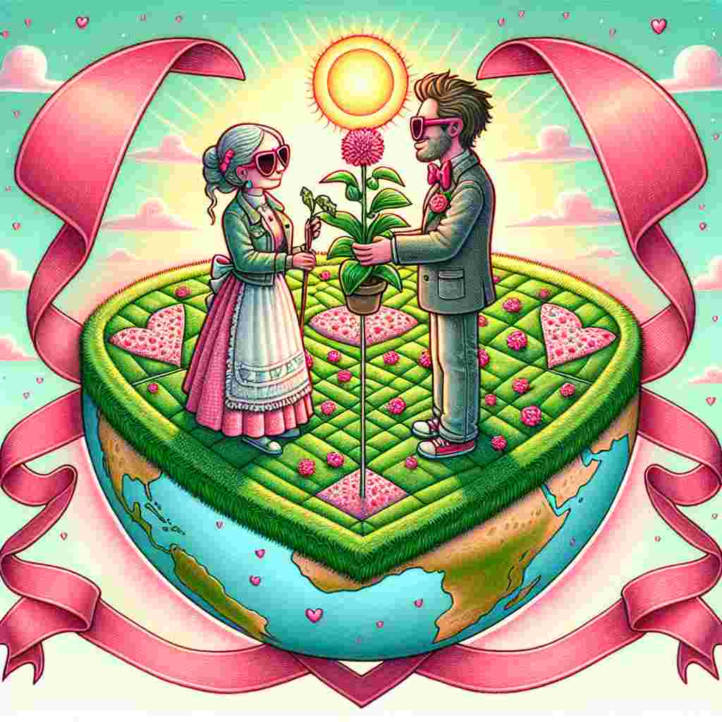 A whimsical illustration of Valentine's Day showcases a delightful flat earth, framed by a heart-shaped ribbon. Upon the disc-shaped planet, two individuals of unspecified descent, one identified as a woman and the other as a man, are holding hands. They stand amidst a quilt-like pattern of grass intertwined with pink flowers. Both characters are sporting oversized sunglasses, exchanging a plant that symbolizes their mutual fondness for botany, under a sky dominated by a radiant heart-shaped sun.
Generated with these themes: Flat earth , and Weed.
Made with ❤️ by AI.