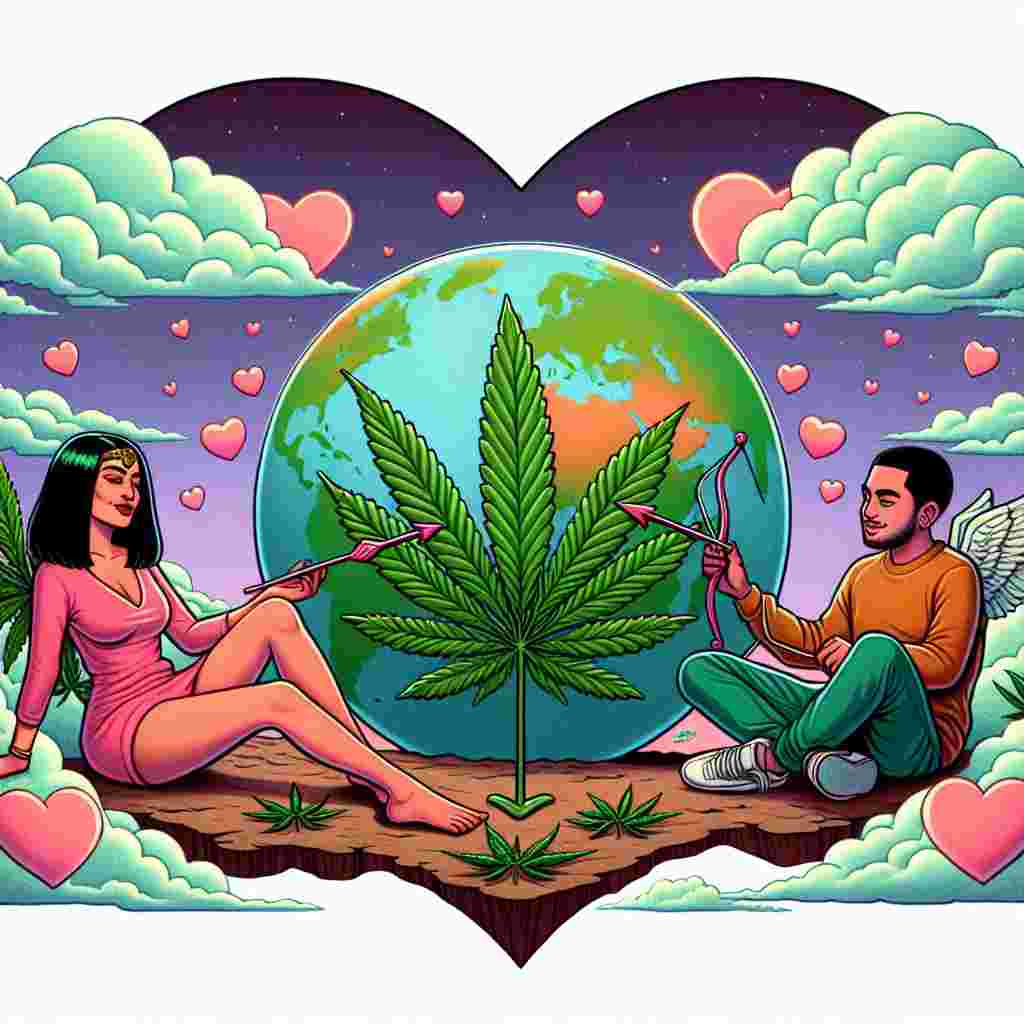 Picture the second variation with a flat illustration of the earth in the center, framed by a cupid's arrow. The green vegetation and brown terrain disc are contrasted beautifully against a romantic sky painted with hues of pink and orange. Sitting on the surface are a South Asian woman and a Hispanic man, both in a relaxed cross-legged pose sharing a tranquil moment. They have a heart-shaped cannabis plant between them, symbolizing their mutual growth and love. The whimsical atmosphere is completed by heart-shaped clouds playfully floating in the sky overhead.
Generated with these themes: Flat earth , and Weed.
Made with ❤️ by AI.