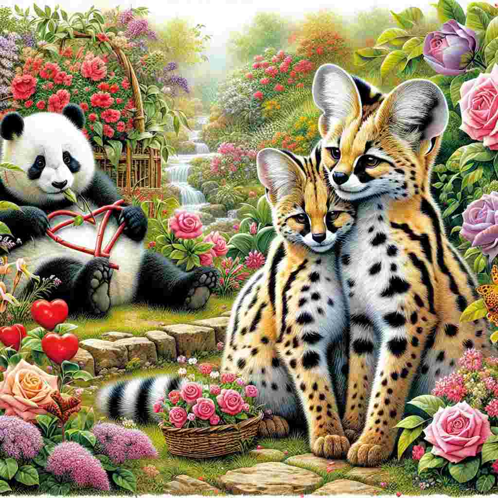 Depict a romantic Valentine's Day scene set within a charming garden. Include a pair of highly detailed, realistically rendered servals affectionately nuzzling each other in the midst of beautiful flora. Their fur textures and playful demeanor should add a sense of cheerfulness to the scene. A few steps away, sketch a contented panda sitting and eating a heart-shaped bamboo, which stands as a symbol for the spirit of the day. The vibrant flowers and lush surroundings should invite the viewer into a world where love is as natural and breathtaking as the wildlife present.
Generated with these themes: Serval, Panda , and Garden.
Made with ❤️ by AI.
