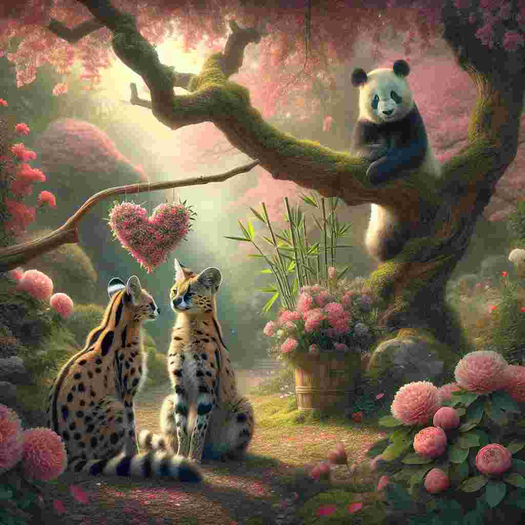 Create an image representing a Valentine's Day theme showcasing a tranquil, serene garden brimming with blossoming flowers and lush greenery. In this natural environment, two endearing servals are depicted in a tender moment, their spotted coats glinting captivatingly in the soft daylight. A short distance away, a gentle panda leans relaxedly against an aged oak tree, holding a bamboo arrangement shaped like a heart. The scene intricately combines a highly detailed, realistic depiction of these animals, with the vibrantly colored, romantically nuanced atmosphere of the garden. The resulting tableau warmly celebrates the essence of love.
Generated with these themes: Serval, Panda , and Garden.
Made with ❤️ by AI.
