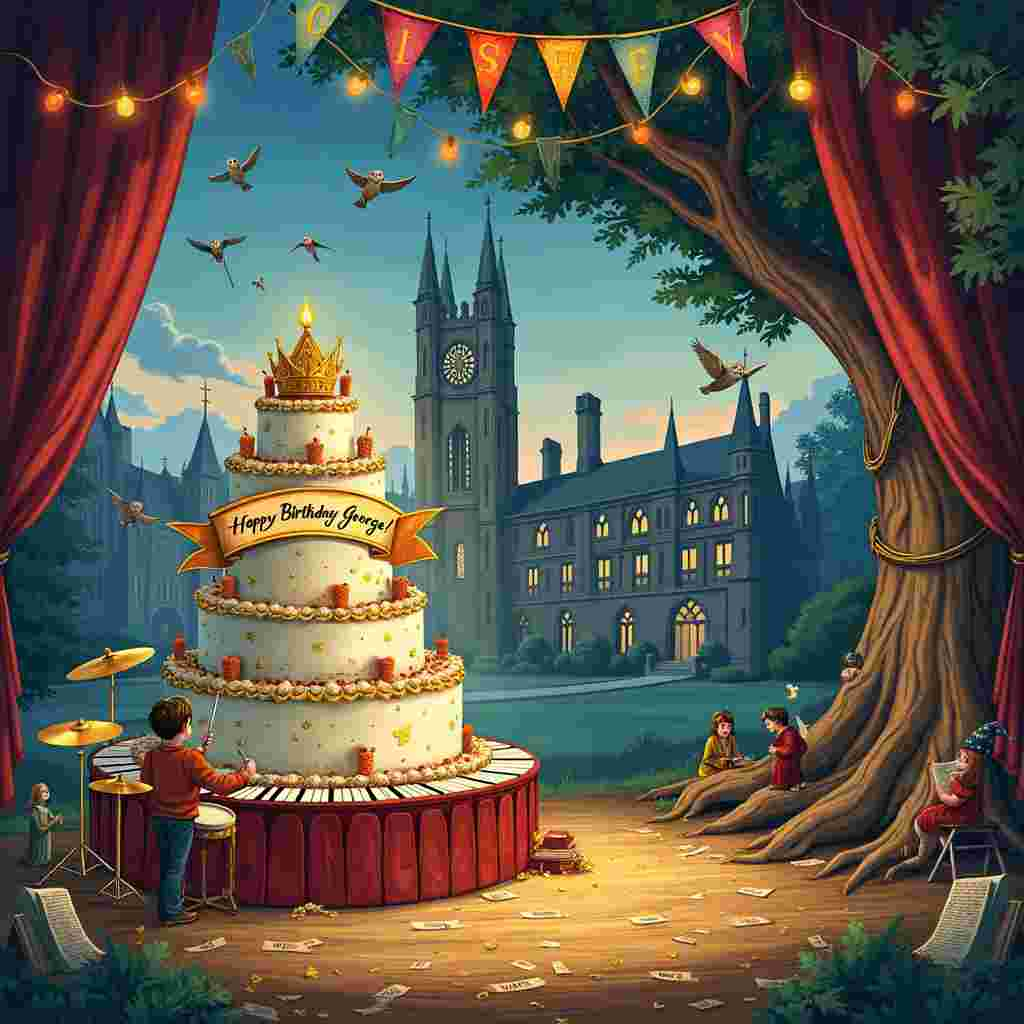 The scene opens in the heart of a quaint university campus in Cardiff, where an enchanting blend of the magical and the scholarly fills the air. In the foreground, a grand wooden stage takes center stage, festooned with an array of colorful, vintage-style banners and twinkling fairy lights. A towering birthday cake, decorated with marzipan musical notes and a shimmering banner spelling "Happy Birthday, George!" stands prominently to one side of the stage. George's name is intricately piped with golden icing that glows softly in the ambient light.

Upon the stage, a whimsical, life-sized portrait of Harry Potter holds a marimba mallet, his iconic round glasses perched on his nose. Next to him, a vibrant drum set with crimson shells and gleaming brass cymbals invites a birthday drum solo. The marimba, placed just beside the drum set, has its keys illustrated with tiny musical notes that seem to float upwards, creating an invisible sheet of music in the air.

In the background, the historic architecture of Cardiff University is depicted with Beardsley-esque line work, its spires and turrets reaching for a sky painted in lush, Sendak-inspired hues of twilight. Flying around the spires are a collection of owls, some clutching scrolls and letters, a nod to the magical mail system of Hogwarts. 

Off to the right, nestled under a majestic, Rackham-style oak tree, a group of students in wizard robes, some sporting round glasses similar to Harry Potter's, are engaged in animated conversation, books and parchment strewn around them. The tree’s branches spell out "George" with its leaves, almost imperceptibly to a casual observer, creating a magical, hidden birthday wish.

The whole scene is filled with intricate details: from Beatrix Potter-like woodland creatures peeking from behind the university's stone benches to the Gorey-esque shadows that dance around the stage, casting playful shapes that hint at a world just slightly askew from our own. Every element of the scene is crafted to weave together the themes of round glasses, Harry Potter, music, university, drums, Cardiff, and marimba into a cohesive and enchanting birthday celebration for George.
Generated with these themes: Round glasses , Harry potter, Music , University, Drums, Cardiff, and Marimber.
Made with ❤️ by AI.