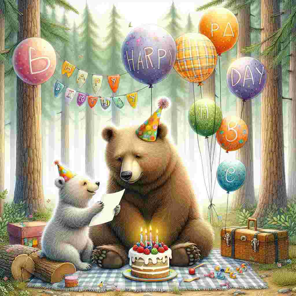 A heartwarming illustration featuring a father bear and a cub in a forest clearing. The father bear wears a festive hat and the cub hands him a handmade card. Balloons and a picnic setup with a birthday cake in the background. 'Happy Birthday' is written in playful letters hanging from the trees.
Generated with these themes:   for father.
Made with ❤️ by AI.