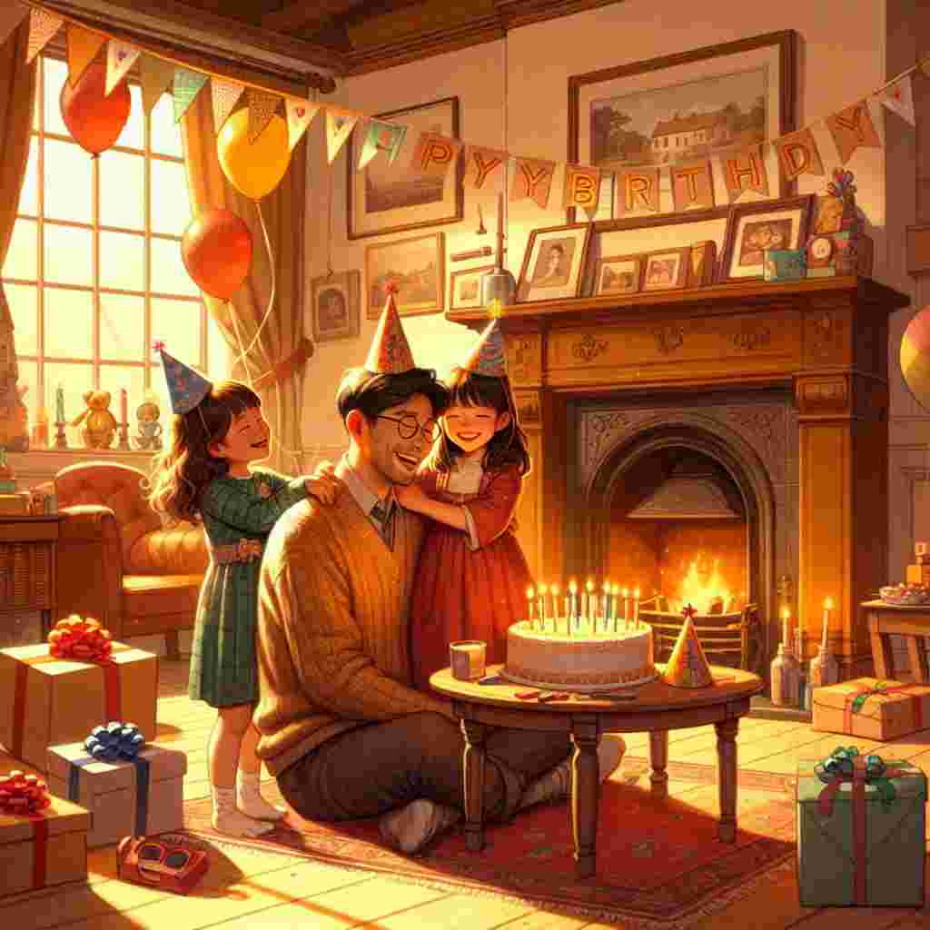 A cozy indoor setting where a father is surrounded by his kids, all wearing party hats. The room is decorated with streamers and balloons. A big 'Happy Birthday' banner is draped across the fireplace, and a table is set with a cake and presents.
Generated with these themes:   for father.
Made with ❤️ by AI.