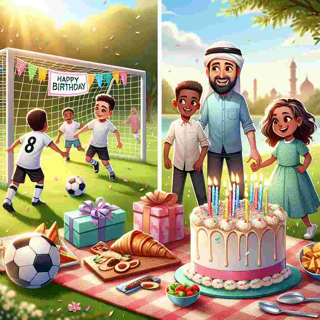 An endearing cartoon of a father and his children playing soccer in a sunny park. The goalpost is decorated with ribbons and a sign saying 'Happy Birthday'. In the foreground, a picnic blanket is laid out with snacks, a birthday cake, and presents.
Generated with these themes:   for father.
Made with ❤️ by AI.
