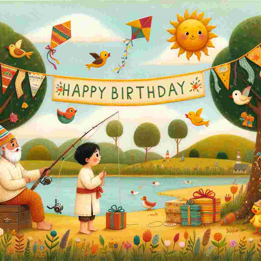 A charming scene with a father holding a fishing rod at a lake, with his child giving him a birthday present. A banner above reads 'Happy Birthday' with ducks and fishes wearing party hats. The sky is filled with colorful kites and the sun is smiling down on them.
Generated with these themes:   for father.
Made with ❤️ by AI.