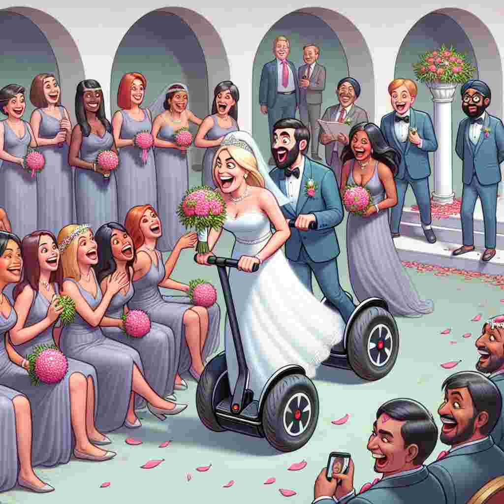 Depict a humorous wedding scene where a Caucasian woman with blonde hair, assumed to be the bride, is gleefully riding a Segway while carrying a bouquet in her hand. Behind her, bridesmaids are trying their best to keep up with her. Further in the scene, visualize an amused South Asian man, presumably the groom, waiting by the altar. He too is on a Segway, observing the procession with an expression of humor and enthusiasm. Meanwhile, the attendees, men and women of many different descents, are laughing and enjoying the unconventional yet charming sight.
Generated with these themes: Segway, and Blonde.
Made with ❤️ by AI.