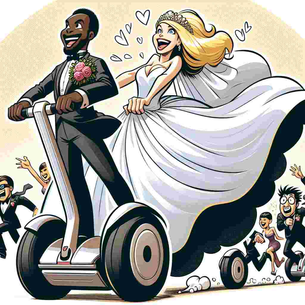 A playful wedding-themed illustration portrays a Caucasian bride with flowing blonde hair and an African groom making a grand entrance on Segways. The bride laughs heartily as she expertly navigates her two-wheeled steed down the aisle. Her gown billows behind her, adorned with comic-like caricatures of the multi-racial wedding party chasing after the futuristic procession.
Generated with these themes: Segway, and Blonde.
Made with ❤️ by AI.