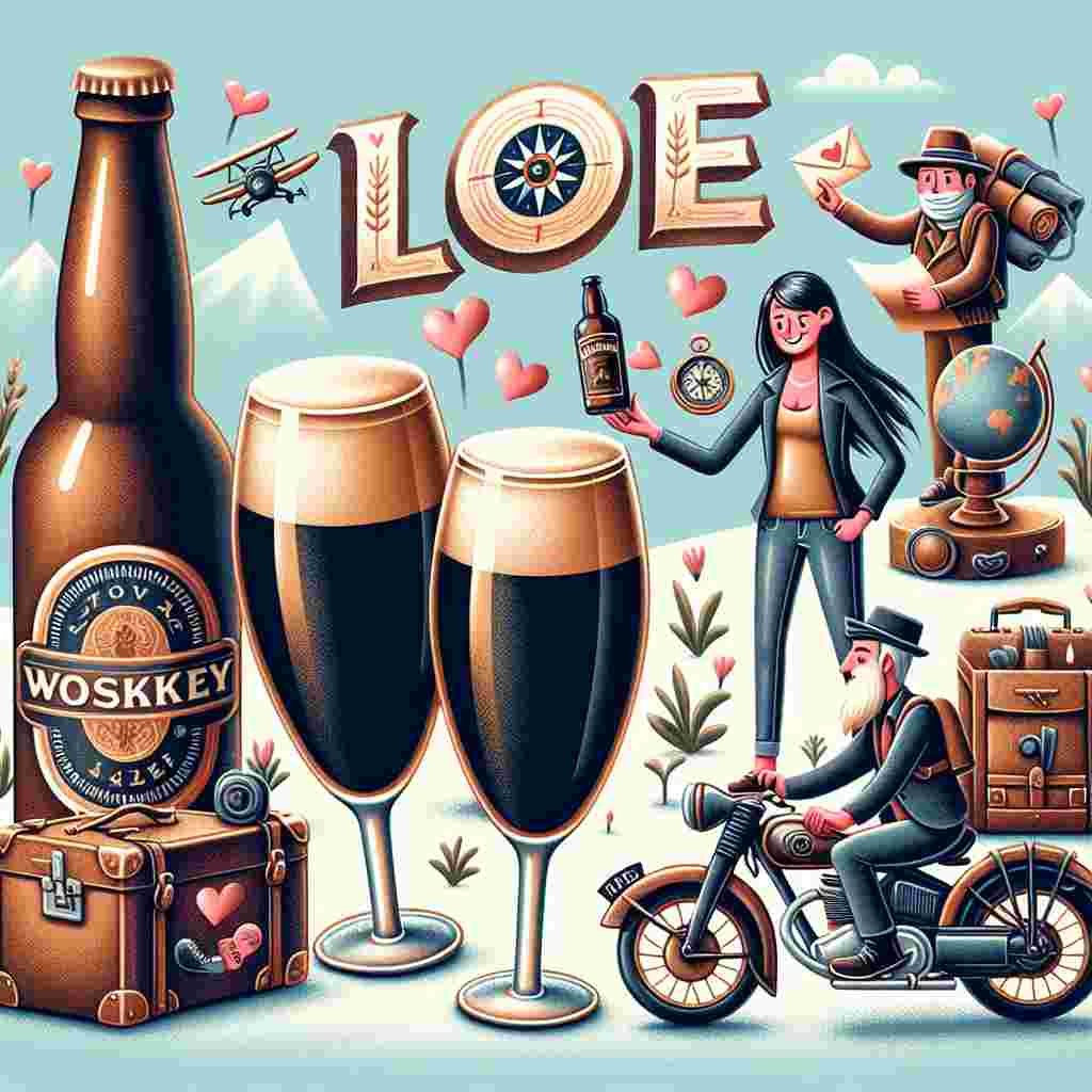 Create an endearing and whimsical Valentine's Day illustration. In the scene, two glasses of a generic, dark stout are cheering, embodying affection. Nearby, a bottle of whiskey artistically forms the letter 'I' in a larger 'LOVE' sign, with each letter uniquely crafted with travel-themed imagery, incorporating elements such as a vintage suitcase and a compass. In the foreground, a loving couple with a variety of descents, one South Asian woman and one Caucasian man, are adventuring away on a classic motorbike, their long hair dancing in the wind. In the background, a friendly milkman character, a Middle-Eastern man, is delivering love letters along with the milk, adding a touch of nostalgia to the scene.
Generated with these themes: Guinness, Jamesons, Travel, Motorbikes, Milkman, and Longhair.
Made with ❤️ by AI.