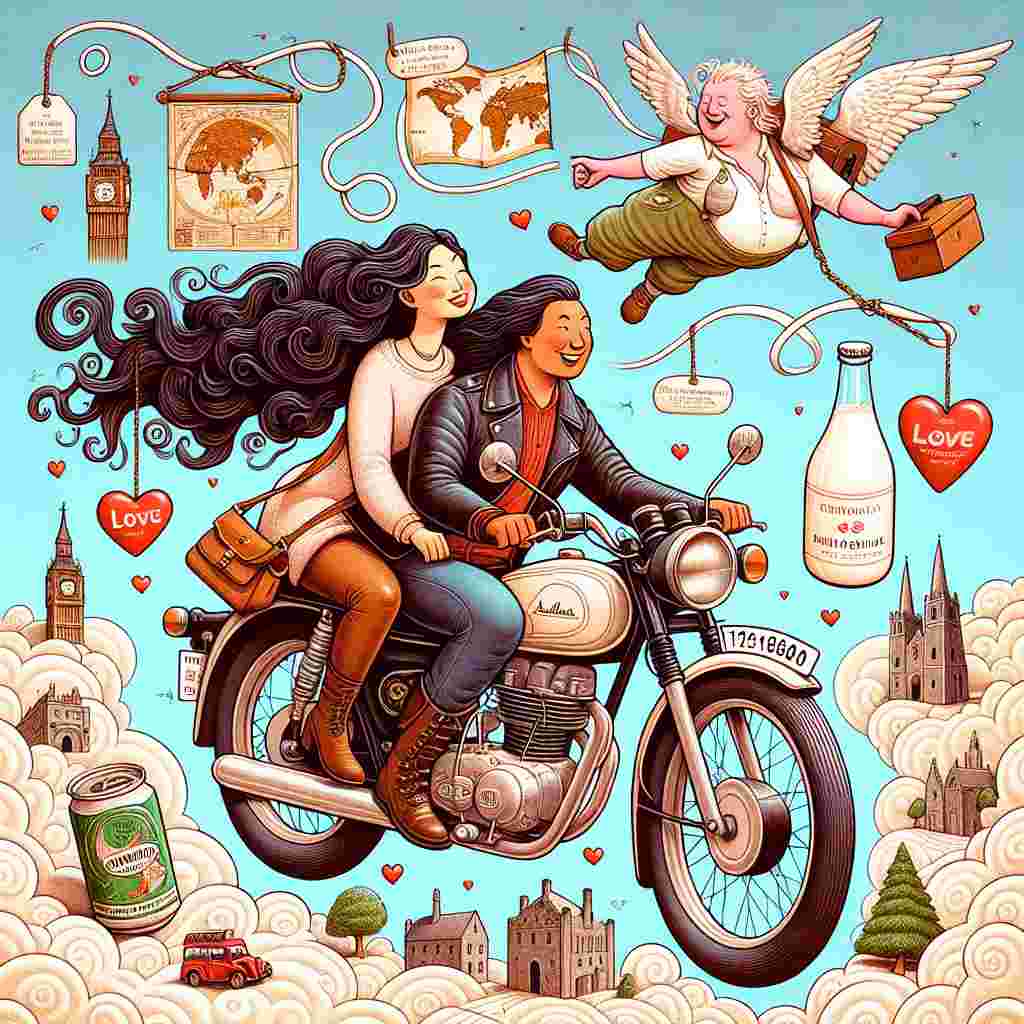 In this delightful illustration, a couple with long, flowing hair, one of whom is an Asian male and the other a Black female, rides a motorbike across an ancient world map to symbolize their spirit of travel and adventure. Miniature representations of classic Irish beverages adorn the corners, as if fueling their daring journey. A traditional milkman, updated with a cherubic figure for the festive period, flies across the scene, spreading affection with every delivery. The motorbike's license plate reads 'LOVE', tying all the elements under the theme of Valentine's love. Above them, the cloud formations depict landmarks and places the couple has visited or aspire to, reflecting their mutual wanderlust.
Generated with these themes: Guinness, Jamesons, Travel, Motorbikes, Milkman, and Longhair.
Made with ❤️ by AI.