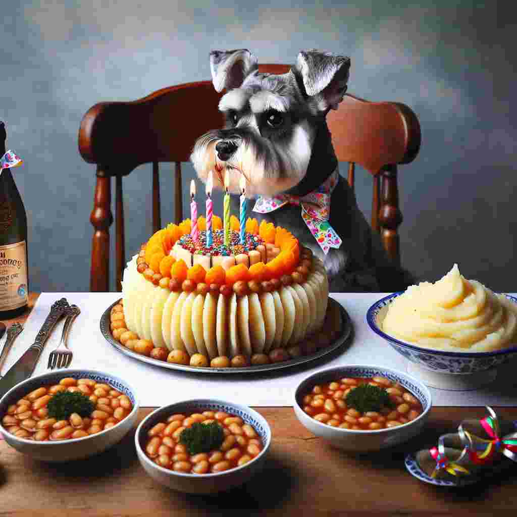 Create a whimsical birthday scenario, where the star attraction is a sprightly Mini Schnauzer. The Schnauzer is groomed to perfection, with a colorful birthday ribbon around its neck. The celebration table holds a unique culinary masterpiece: a mash potato cake intricately designed to mimic a classic birthday cake. Adding to the surprising banquet are petite bowls of rich, tangy baked beans, adding an unexpected dash of flavor to the birthday menu.
Generated with these themes: Mini Schnauzer , Mash potato , and Baked beans.
Made with ❤️ by AI.