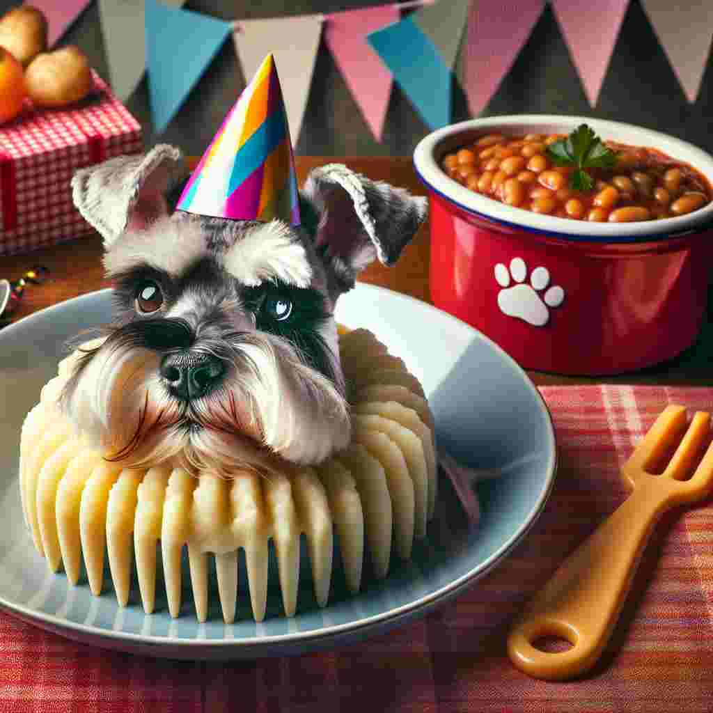 Conjure an image of a birthday party scene dedicated to a Mini Schnauzer. The dog, radiating immense charm and joy, sports a festive party hat. Its eyes brim with the radiant excitement synonymous with a birthday party. The centerpiece of the scene is a novel, COMB-shaped creamy mashed potatoes dish, a tribute to the guest of honor's favorite toy. The complementary side dish is a serving of baked beans, providing a vibrant color contrast and adding an element of homestyle comfort to the visually and gastronomically appealing layout. The atmosphere is one of gaiety and ceremonial warmth.
Generated with these themes: Mini Schnauzer , Mash potato , and Baked beans.
Made with ❤️ by AI.