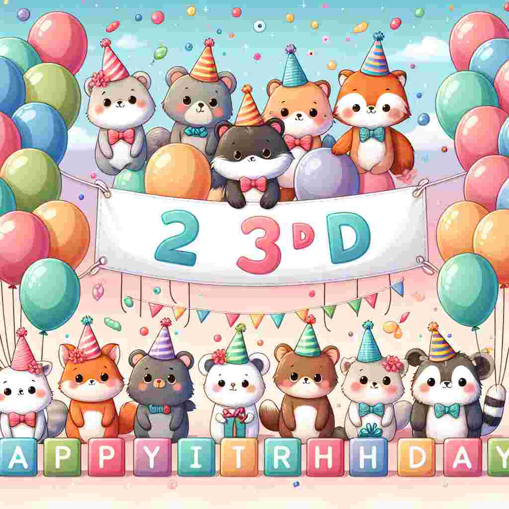The illustration features a group of adorable animals wearing party hats, each holding a letter to spell '23rd'. Balloons float above as they stand beneath a banner that reads 'Happy Birthday' against a pastel background.
Generated with these themes: 23th  .
Made with ❤️ by AI.