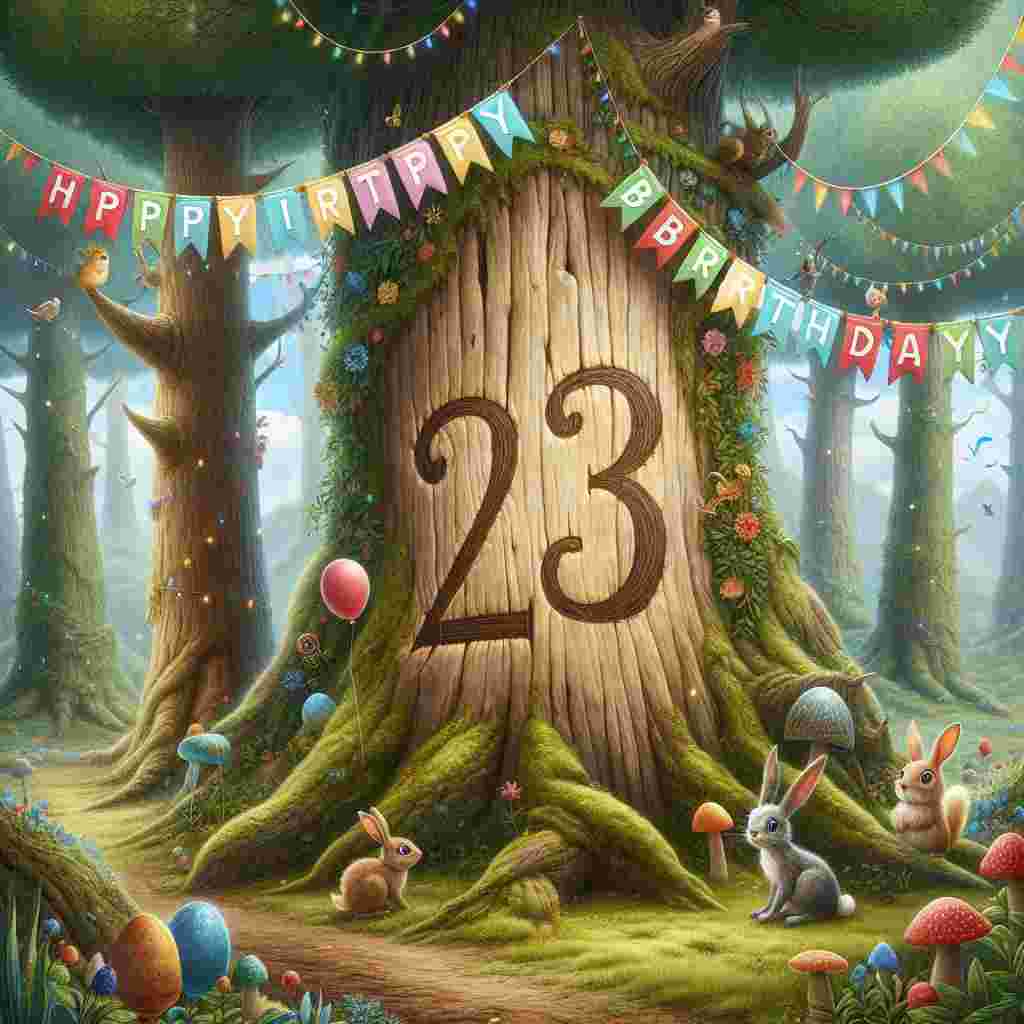 A charming illustration of a fairy-tale setting with a banner reading 'Happy Birthday' strung between two trees. In the foreground, a magical '23rd' is etched into a mystical tree stump surrounded by forest creatures.
Generated with these themes: 23th  .
Made with ❤️ by AI.