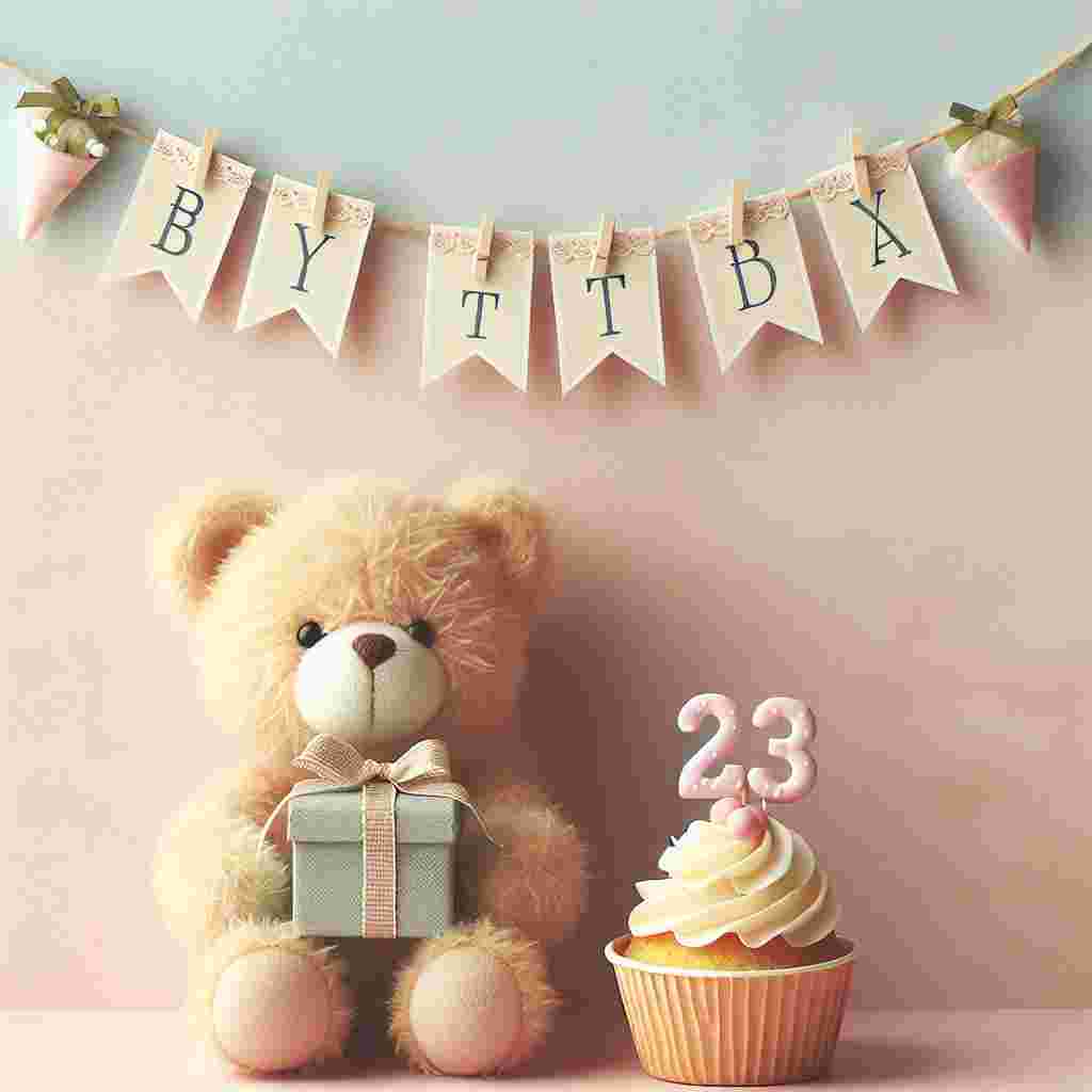 A quaint scene depicted in soft pastels shows a teddy bear holding a gift with the number '23' boldly on the tag, sitting next to a small, delightful cupcake. Overhead, the words 'Happy Birthday' are hung as a bunting.
Generated with these themes: 23th  .
Made with ❤️ by AI.
