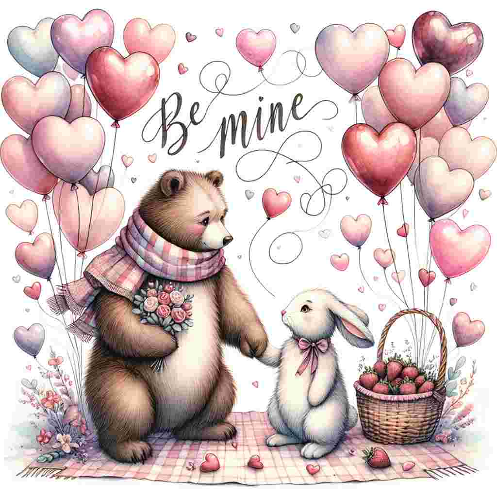 Create a delightful, whimsical watercolor image involving two drawn animals - a bear and a rabbit. The two are holding paws amidst a field of heart-shaped balloons varying in shades from pink to red. They are surrounded by these gently bobbing balloons with the phrase 'Be Mine' inscribed in a flowing, curvy cursive font above them. The animals are locked in a tender gaze, standing on a checkered picnic blanket where a basket full of chocolate-covered strawberries is visible. The picture possesses soft edges and a pastel background, emitting a sense of warmth and affection, symbolizing Valentine's Day. The bear is wearing a scarf on which 'The Beloved' is subtly etched, integrating it naturally into the design.
Generated with these themes: the beloved.
Made with ❤️ by AI.