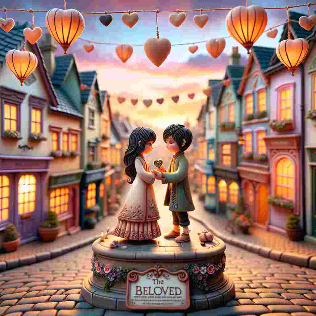 A picturesque cobblestone street awash with the warm tones of the sunset forms the backdrop for this scene. The homes lining the street are painted in soft pastel shades, creating a charming and endearing ambiance. In the foreground, a clay figurine of a South Asian girl and a Caucasian boy are depicted, interacting tenderly on a heart-shaped locket exchange, symbolic of their mutual affection. The base of the boy's figurine displays the inscription 'The Beloved'. Overhanging paper lanterns, with their heart-shapes, cast a romantically warm and soft light on the scene below, punctuating the romantic setting. The conspicuous 'Happy Valentine's Day' sign, with its elegant calligraphy, echoes the sentiment of the moment captured between the two clay figurines.
Generated with these themes: the beloved.
Made with ❤️ by AI.