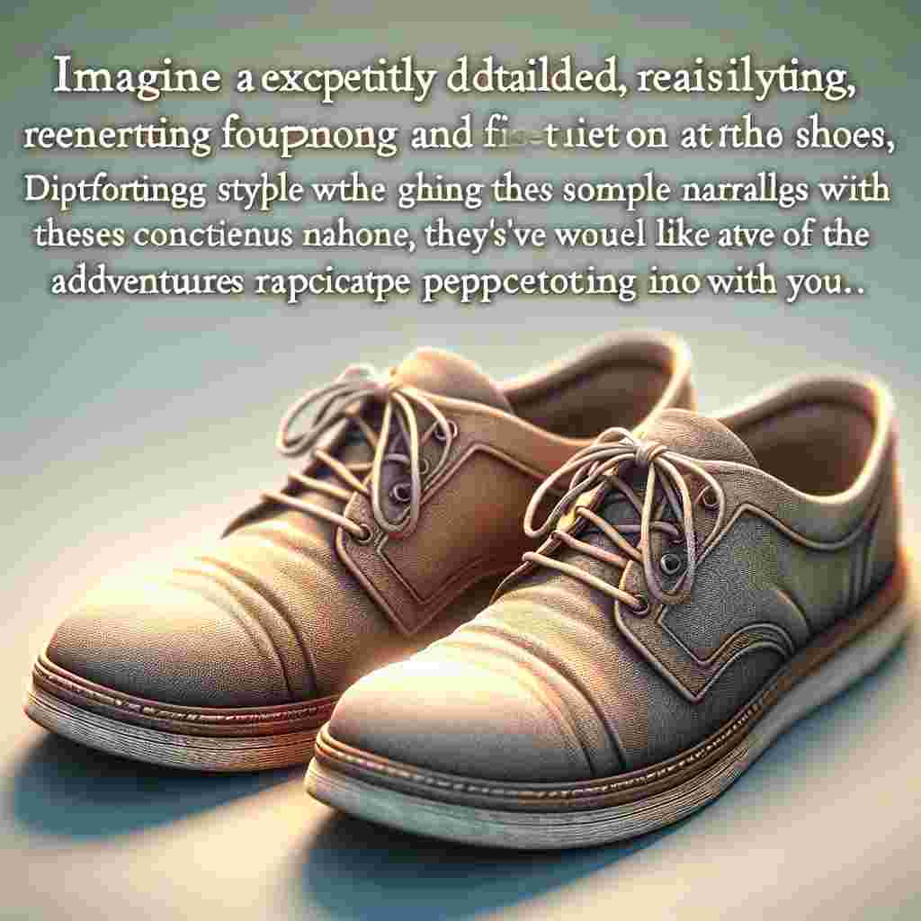 Imagine a pair of exquisitely detailed, realistically rendered shoes at your feet. Displaying comforting style and fashion, they're not just simple footwear. These shoes are like serene companions setting off with you on a new journey. The design is so sincere and lifelike they might as well be telling engaging narratives of the countless paths they've walked and the adventurous travels they anticipate participating in with you.
Generated with these themes: Shoes.
Made with ❤️ by AI.