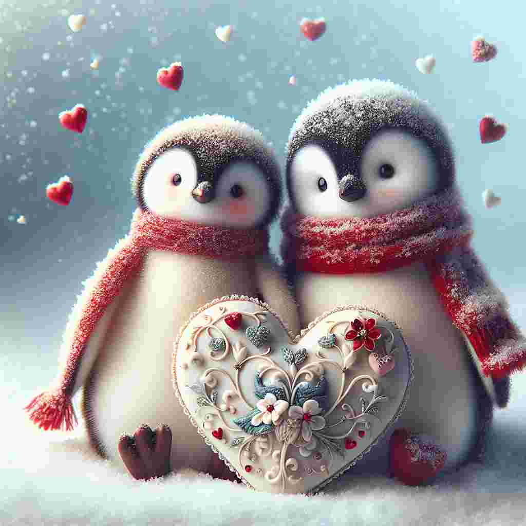 Create an image that showcases the heartwarming spirit of Valentine's Day through a cute pair of penguins. The penguins are seen seated next to each other on immaculate white snow, their figures highlighted by a swirling snowstorm of tiny, finely detailed hearts. Adding a dash of warmth and brightness to the chilly scene, each penguin is wearing a vibrant red scarf. Strategically positioned between them is an exquisitely embellished heart-shaped cushion, adorned with delicate designs and soothing color tones. This decorative element symbolizes the beauty of love and the pleasure of sharing an emotional bond.
Generated with these themes: Penguins, Cute, and Hearts.
Made with ❤️ by AI.