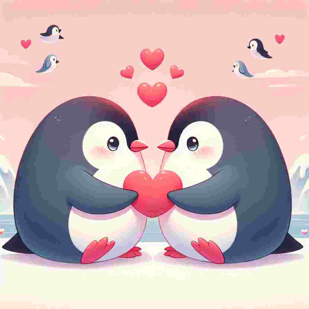 Create a charming image that encapsulates the sentiment of Valentine's Day. The visual should show two adorable and plump penguins, one male and one female, who are gently touching beaks, consequently forming a heart shape between them. There's a backdrop of a calm, pastel pink sky. Above their heads are small hearts floating in the air, representing their shared affection. Each penguin holds a larger red heart in their flippers, showing their love for one another. The atmosphere should be cozy and affectionate, further emphasized by the penguins' endearing, oversized, expressive eyes.
Generated with these themes: Penguins, Cute, and Hearts.
Made with ❤️ by AI.