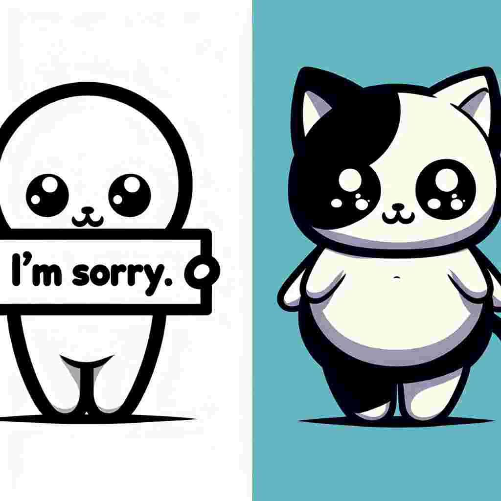 Create an image of a whimsical, undefined cartoon character holding a sign that says 'I'm sorry.' By its side, visualize a charmingly plump, adult cat with a black and white coat. By design, the cat is an object of pleasure, with its round, plump physique contributing to its attraction. The cat's eyes are to be kept simple, skipping any complex, detail-oriented designs or suppositions about their traits.
.
Made with ❤️ by AI.