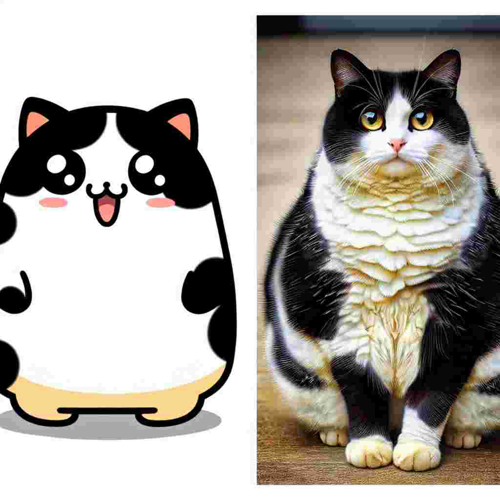 Generate an image of a delightful, cartoonish character standing apologetically next to a full-grown, plumply built cat that is characterized by its patchwork quilt-like coat of black and white fur. The mesmerizing features of the cat are exaggerated to amplify a sense of cuteness. Further, while the cat possesses eyes, no suggestive attributes are given to its appearance.
.
Made with ❤️ by AI.