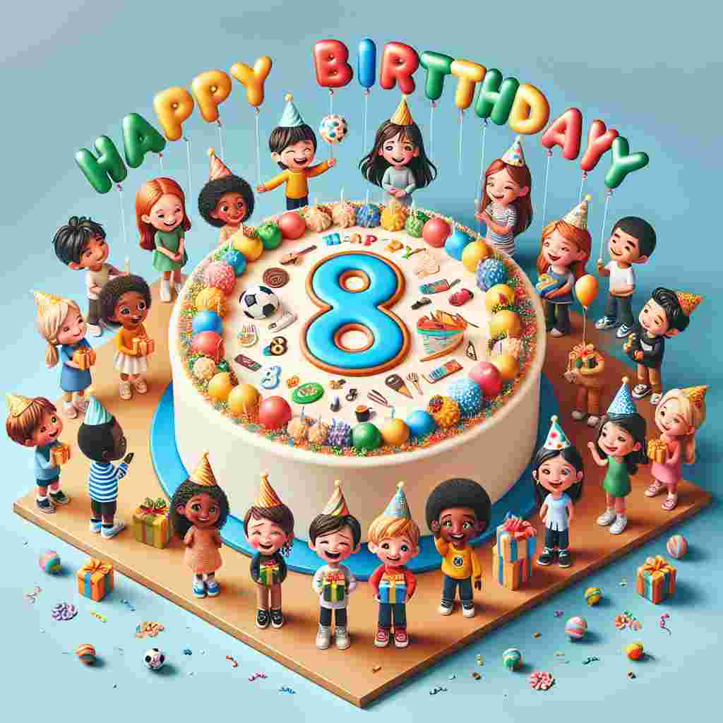 A jubilant scene where a group of diverse children are gathered around a large '8' shaped cake, adorned with cute little edible illustrations symbolizing various hobbies like painting and soccer. Overhead, 'Happy Birthday' is spelled out in colorful balloon letters, with characters holding gifts and wearing party hats.
Generated with these themes: 8th kids  .
Made with ❤️ by AI.