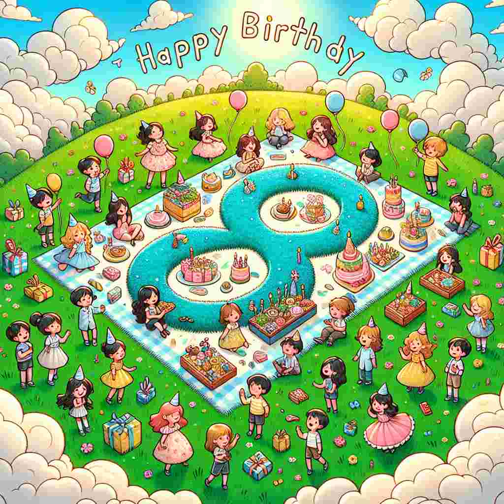 A picturesque picnic scene featuring an illustrated grassy field where kids clad in party attire are frolicking around a picnic blanket shaped like a number '8'. The blanket is covered with illustrated birthday treats and toys. In the sky, clouds form the message 'Happy Birthday', completing the thematic celebration.
Generated with these themes: 8th kids  .
Made with ❤️ by AI.