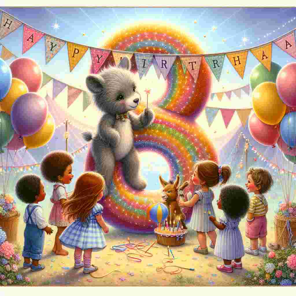 In this whimsical setting, eight children are playing pin the tail on the donkey beside a grand '8' crafted from vibrant balloons and streamers. The foreground shows a sweet illustration of a teddy bear holding a number '8' balloon. Above, the text 'Happy Birthday' is woven into a cheerful bunting banner.
Generated with these themes: 8th kids  .
Made with ❤️ by AI.
