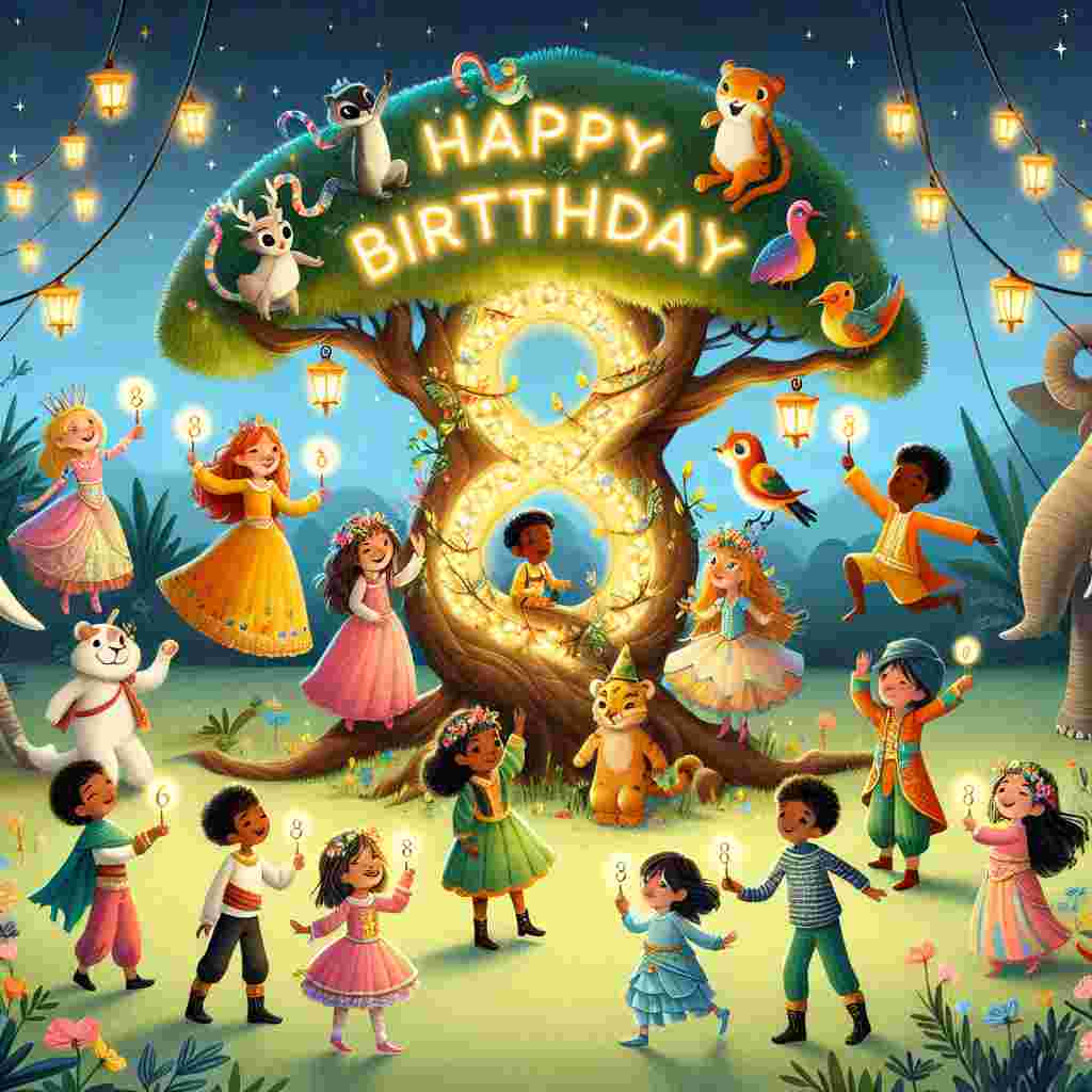 This enchanting scene unfolds in a fantasy garden where illustrated animals and eight kids in costume celebrate around a whimsical tree shaped like the number '8'. The tree is decked with lanterns and the 'Happy Birthday' phrase is ingeniously integrated into the tree branches.
Generated with these themes: 8th kids  .
Made with ❤️ by AI.