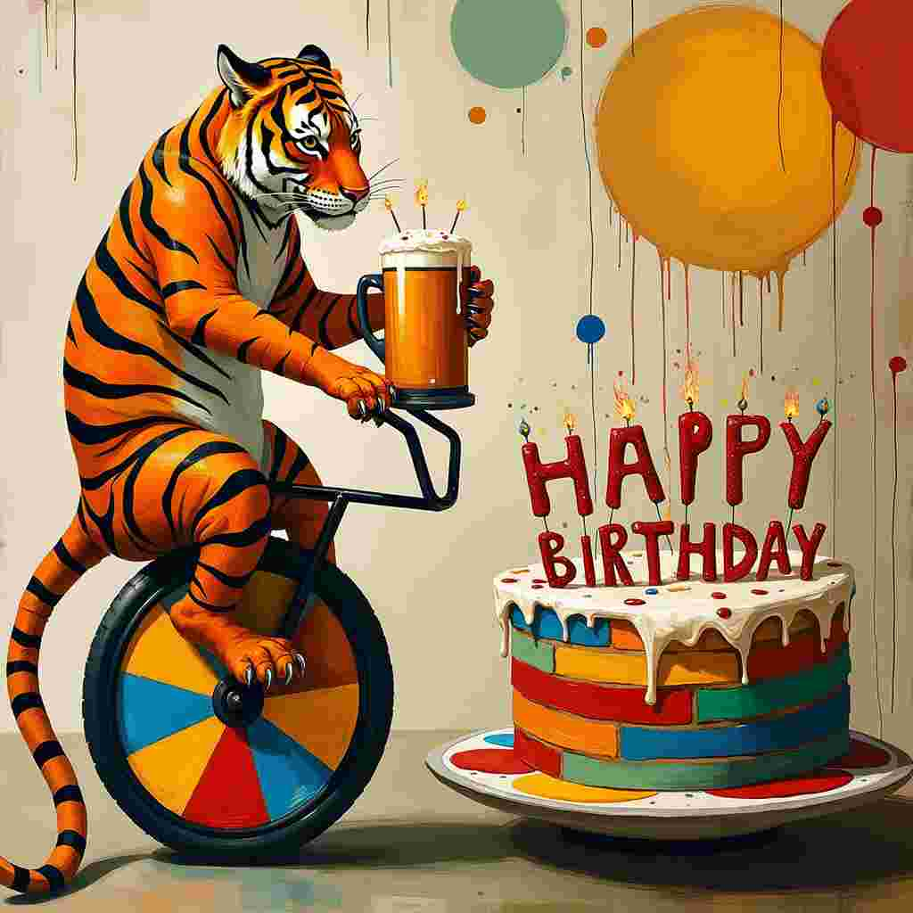 In the forefront of the birthday greetings card, there is a vibrant tiger with bold, exaggerated stripes in shades of deep orange and black. This tiger, in a humorous twist, is precariously balancing on a unicycle. The unicycle's wheel is a Mondrian-inspired geometric pattern, with primary colors of red, blue, and yellow intersected by black lines. The tiger's paws are gripping the handlebars, one holding a frothy, oversized mug of beer that has hints of Rothko-esque color blocks in amber and golden hues, with playful, abstract foam splashes akin to Pollock's signature drips.

To the right of the tiger, there’s an exuberant, surrealist birthday cake, inspired by Miró, with layers that swirl and twist in unexpected ways. The cake's frosting is a kaleidoscope of colors, featuring small, whimsical doodles and abstract shapes in the style of Twombly. Atop the cake, instead of conventional candles, there are miniature abstract sculptures that evoke the bold, primary shapes of Malevich’s suprematism, each one emitting tiny, star-like sparks.

Behind this lively scene, the backdrop is a de Kooning-inspired abstract landscape with large, sweeping brushstrokes in vibrant colors. Amidst the brushstrokes, the words "Happy Birthday" are spelled out in a bold, playful red, reminiscent of Kandinsky's dynamic compositions, seamlessly woven into the background. These words are integrated with the abstract forms, making them part of the scene rather than separate text, adding to the quirky, whimsical feel.

The entire composition is framed by delicate lines and grids that echo Agnes Martin's minimalist touch, providing a subtle structure to the chaos without detracting from the scene’s energy. The card bursts with color and life, capturing the playful absurdity and joyous celebration of a birthday, in a uniquely abstract, yet coherent story.
Generated with these themes: Tiger drinking a beer on a unicycle next to a birthday cake and it says 'happy birthday' in the background in red.
Made with ❤️ by AI.