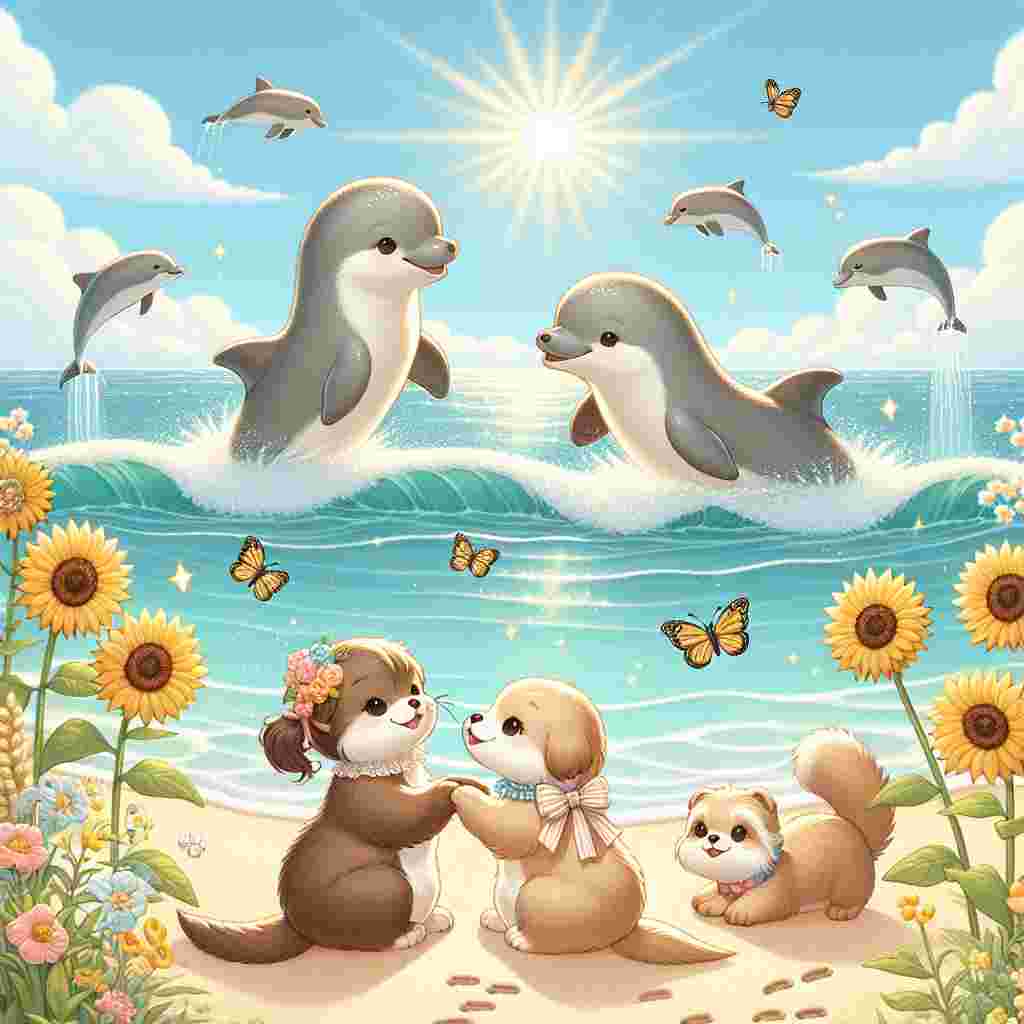 A heartwarming Mother's Day themed illustration that conveys a nurturing atmosphere without portraying a mother figure. Envision a picturesque sunny beach where soft waves gently caress the shore. Amid the sparkly ocean, dolphins exhibit their playfulness by leaping joyfully. On the water's edge, two otters unite hands, signifying companionship. Sunflowers dot the sandy dunes, their tall, vibrant presence capturing the attention of buzzing bees, elevating the scene's liveliness. Fluffy dogs, adorned with stylish bows, leave a trail of paw prints as they frolic with delight in the sand, contributing to a joyful ambiance.
Generated with these themes: Sunflower , Dogs, Dolphins , Otters, Beach , and Bees.
Made with ❤️ by AI.