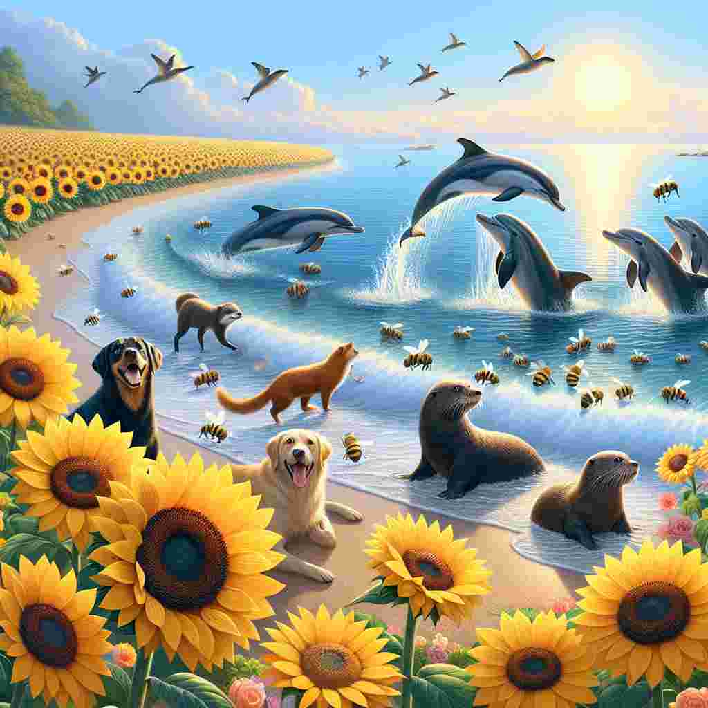 Imagine a tranquil beach scene that oozes the essence of Mother's Day even without the explicit depiction of a mother figure. The shoreline is adorned with blooming sunflowers, their radiant faces tilted towards the sun, embodying warmth and adoration. In the distance, dolphins put on a serene display, arcing gracefully over the waves. Nearby, otters demonstrate familial bonds as they float interlocked. Bees are visible, diligently moving from flower to flower, harmonizing with nature's rhythm, while a group of diverse breed dogs, both male and female, play energetically on the beach, their tails wagging with joy. This picture perfectly captures the essence of love and caretaking, befitting of Mother's Day.
Generated with these themes: Sunflower , Dogs, Dolphins , Otters, Beach , and Bees.
Made with ❤️ by AI.