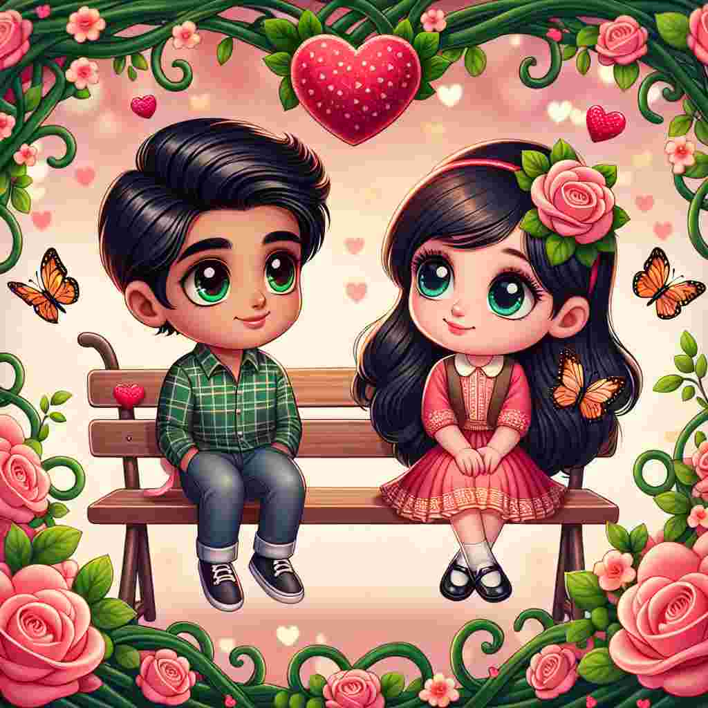In this romantic Valentine's Day-themed illustration, a cute Indian boy with glossy black hair and an Irish girl with dark hair and striking blue eyes exchange a loving glance. They're perched on a bench beautifully crafted from intertwining roses. The atmosphere is alive with heart-patterned butterflies fluttering around, highlighting the serene sweetness of their bond.
Generated with these themes: Indian boy with black hair and  irish blue eyed dark hair girl.
Made with ❤️ by AI.