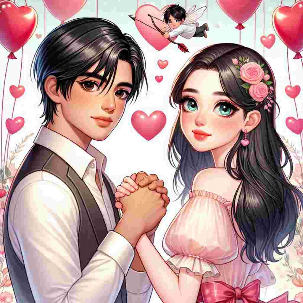 Create an illustration of a charming South Asian boy with sleek black hair, holding hands with a Caucasian girl from Ireland with captivating blue eyes and dark hair. An enchanting Valentine's Day ambiance envelops them, characterized by heart-shaped balloons, soft tones of pink and red embellishing the scene, and a backdrop filled with Cupid's arrows, serving as an emblem of their cross-cultural love.
Generated with these themes: Indian boy with black hair and  irish blue eyed dark hair girl.
Made with ❤️ by AI.