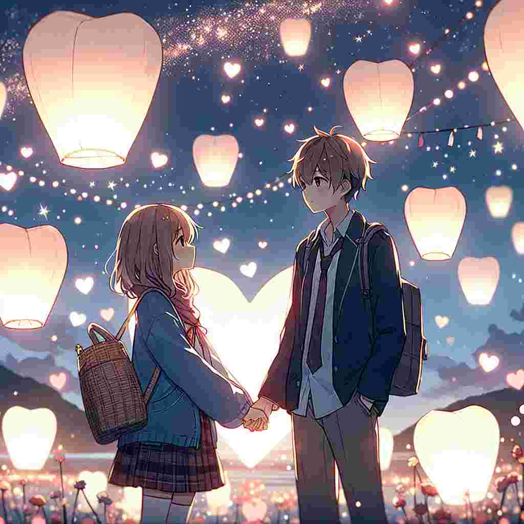 Create a youthful romantic scene inspired by anime art style, celebrating Valentine's Day. Visualize a couple standing hand in hand, exchanging heartwarming smiles under a sky illuminated with twinkling stars and paper lanterns shaped like hearts. A subtle glow surrounds the pair, signifying their profound bond. Use soft colors and textures to give the impression of a dreamy environment. Let this world be an engaging sight where Valentine's day is an everyday anecdote, and love is the primary attraction.
Generated with these themes: Anime, and Love.
Made with ❤️ by AI.