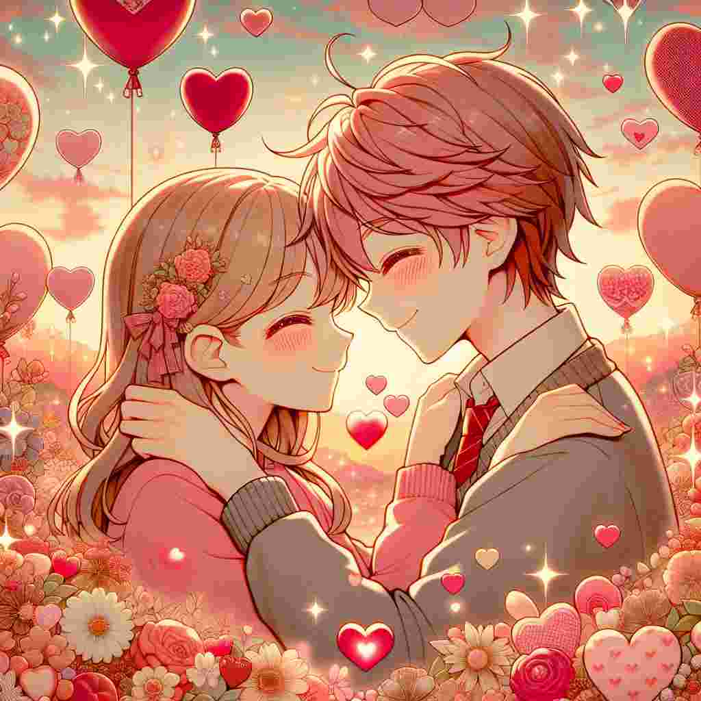 Generate an illustration of a heartwarming love-themed scene in a Japanese animation-style aesthetic. The scene unfolds on Valentine's Day with two characters, one male and one female, about to embrace. Both characters have expressive sparkling eyes and cheeks that are gently touched by a blush. They are set against a rich background full of typical Valentine's Day icons such as heart-shaped balloons floating in the air, flowers in soft pastel colours, and the sky painted in the beautiful colours of a sunset. Each detail, from their affectionate facial expressions to the subtle interplay of shadows and highlights, contributes to the romantic and whimsical mood of the illustration.
Generated with these themes: Anime, and Love.
Made with ❤️ by AI.