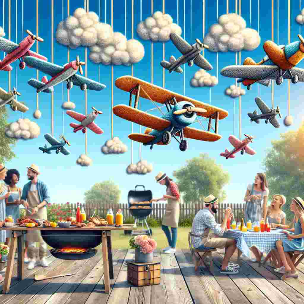 Generate a detailed image of a quaint birthday barbecue scene. In the foreground, a table busily embellished with Do-It-Yourself party adornments sits invitingly. Among these decorations include hand-crafted planes hanging from above. In the backdrop, friends of diverse descents and both genders gathered around a sizzling grill. The setting is serene, under a crystal-clear blue sky which provides a perfect canvas for the jubilant, hand-painted aircraft that are seemingly soaring amidst cotton-like, fluffy clouds.
Generated with these themes: Barbecue, Planes, and DIY.
Made with ❤️ by AI.