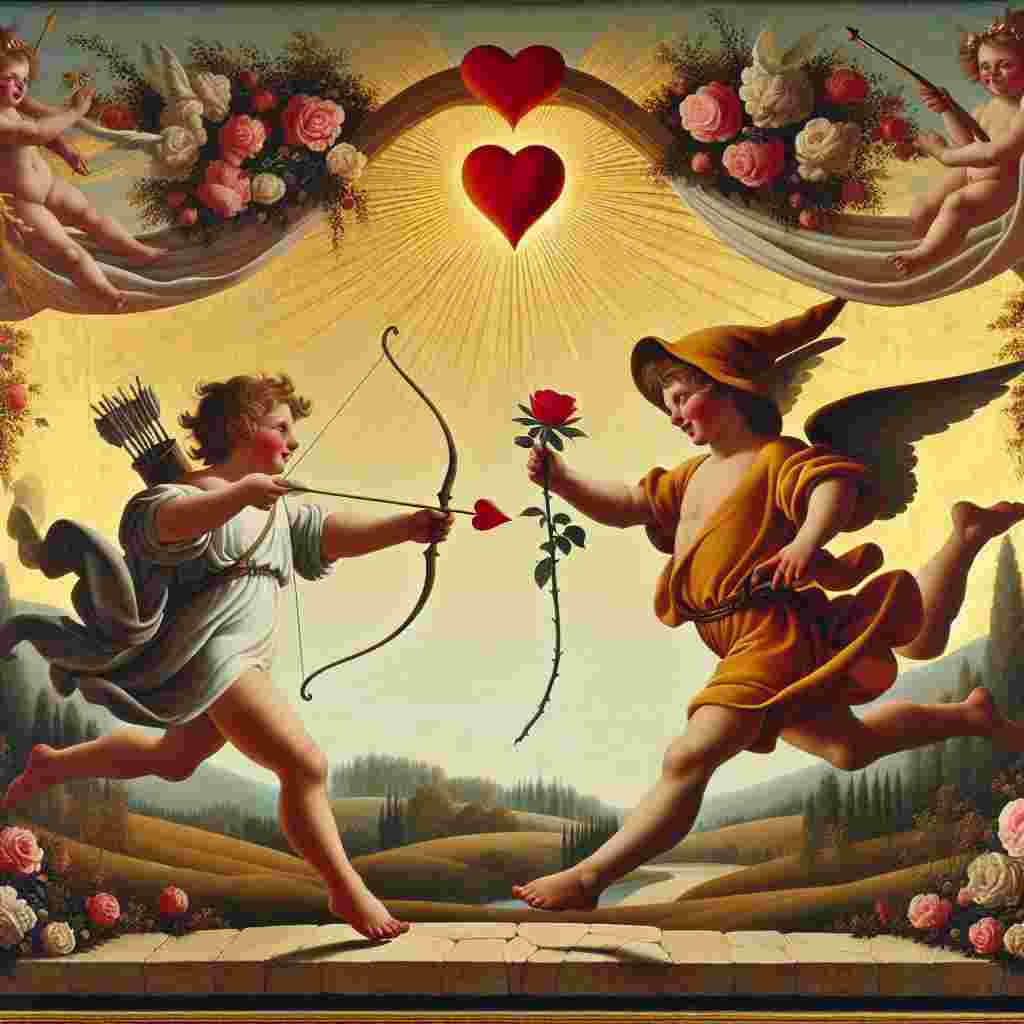 In this affectionate tableau, a cherubic figure reminiscent of a well-known wizard frolics on the outskirts of the painting. He brandishes a bow and arrows tipped with bright hearts instead of usual weapons, representing the triumph of love over strife and gloom. At the heart of the scene, two stylized characters, evocative of a devoted literary duo, trade a solitary red rose while jogging along a stone path. An emblematic band of gold winds around the stem of the rose, symbolizing unity and an eternal connection. The ambiance is filled with joyous festival decor of romance, yet devoid of any allusion to negative influences, underlining a pure, untainted celebration of love.
Generated with these themes: Running, Drugs, and Lord Of The Rings.
Made with ❤️ by AI.