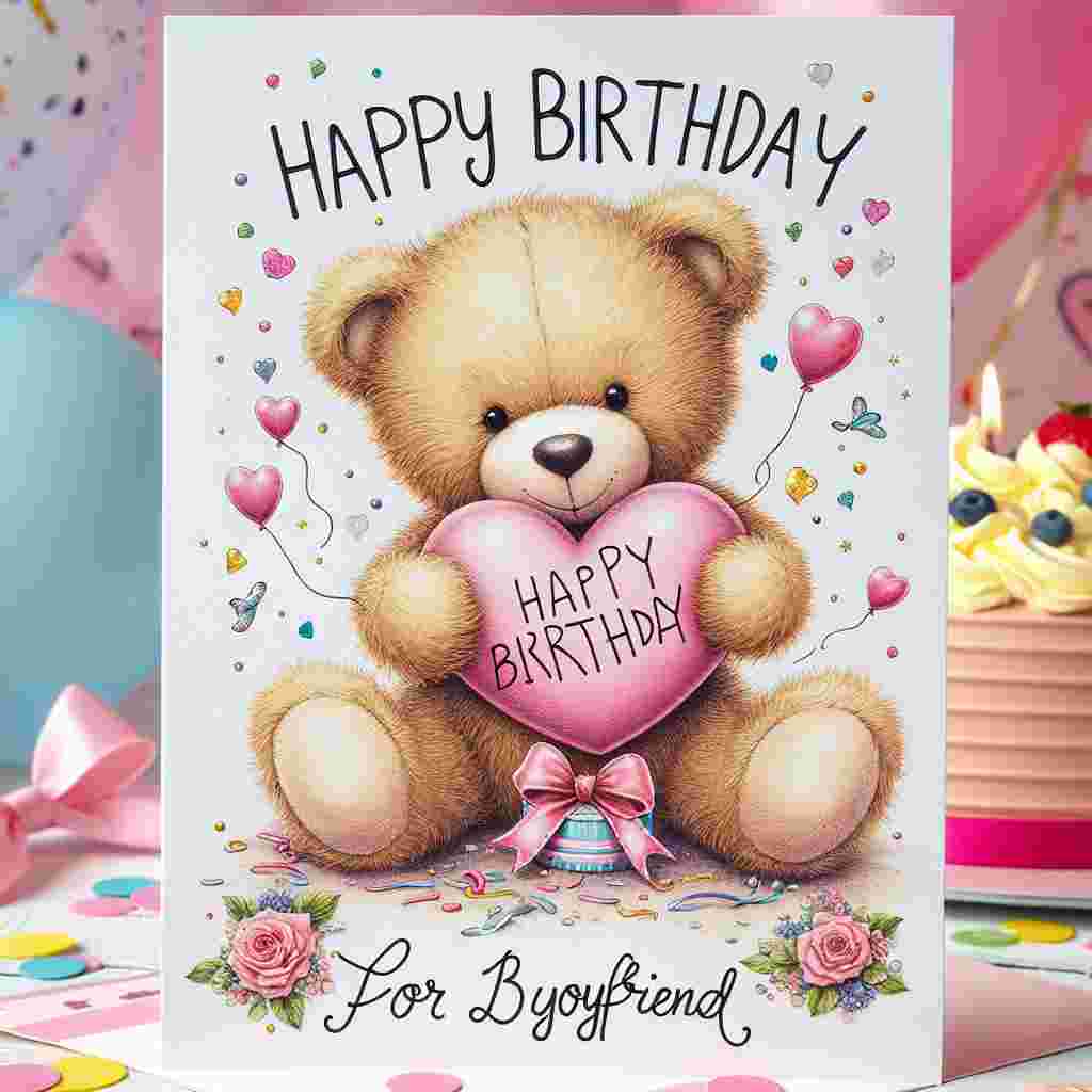 A delightful birthday card showcases a cuddly teddy bear holding a heart that reads 'Happy Birthday' in flowing script. The bear sits amidst a festive array of balloons, confetti, and a cake with the words 'For My Boyfriend' elegantly written on its base.
Generated with these themes: happy   for boyfriend.
Made with ❤️ by AI.