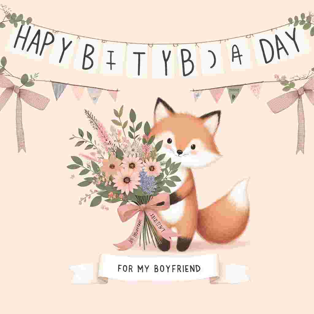 This birthday illustration portrays a heartwarming scene where a cute fox holds a bouquet of flowers, with 'Happy Birthday' written across a ribbon tied around the stems. Above the fox, a string of bunting reads 'Happy Birthday for my Boyfriend', completing this adorable tableau.
Generated with these themes: happy   for boyfriend.
Made with ❤️ by AI.