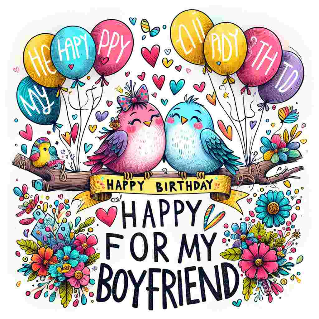 A gleeful scene is set with a pair of lovebirds perched on a branch wrapped in a banner inscribed with 'Happy Birthday for my Boyfriend'. They are surrounded by balloons, flowers, and a hand-drawn heart, while above them 'Happy Birthday' is spelled out in whimsical letters.
Generated with these themes: happy   for boyfriend.
Made with ❤️ by AI.