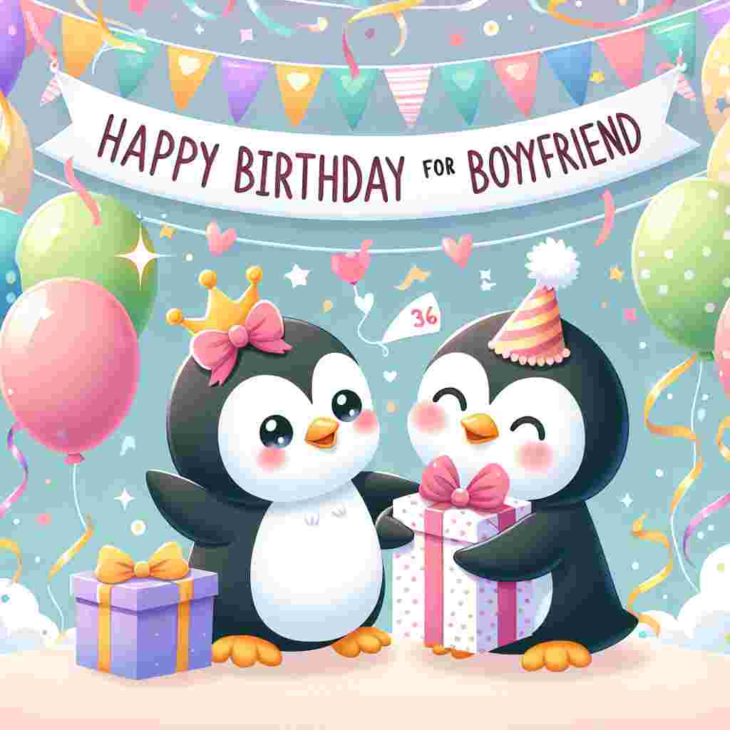 In this charming birthday illustration, a content pair of cartoon penguins stand against a backdrop of balloons and streamers. One penguin presents a gift with 'Happy Birthday' etched across it and a banner above them that states 'Happy Birthday for my Boyfriend', highlighting the romantic sentiment.
Generated with these themes: happy   for boyfriend.
Made with ❤️ by AI.
