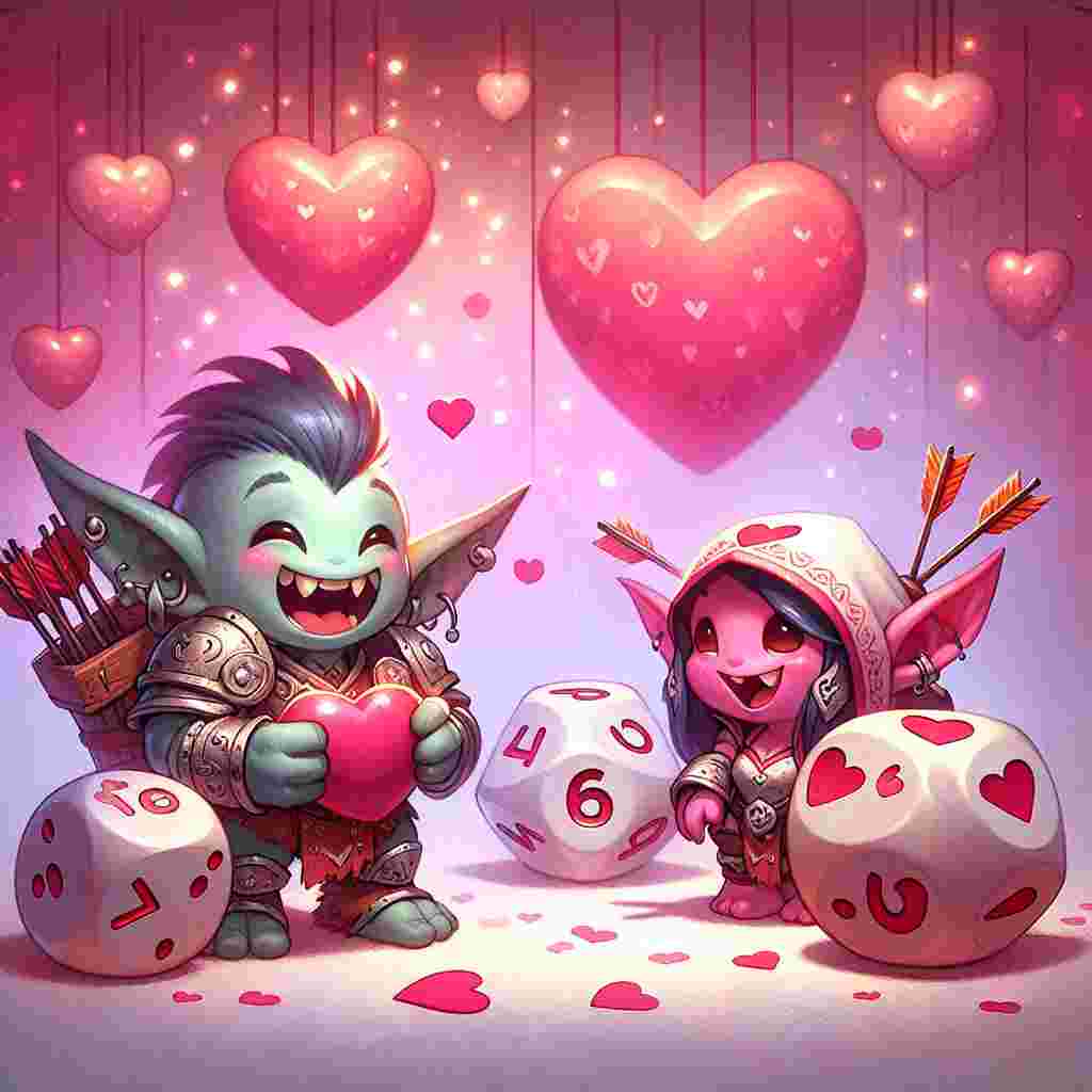 Imagine a charming illustration that conveys a whimsical Valentine's Day atmosphere. Close to us, a lovable goblin couple, noticeably in love, wear heart-patterned armor. They are caught in a surprise moment of adoration, symbolizing the unpredictability of love. Nearby, a set of eccentric dice known for their use in popular strategic games display prominent 6s, signifying luck in romance. The backdrop subtly glows with varying shades of pink and red, spotting little symbols of hearts mingled with minuscule cupids, their arrows targeted at the elated goblin couple, signifying universal love and affection.
Generated with these themes: Warhammer critical hit 6 dice.
Made with ❤️ by AI.