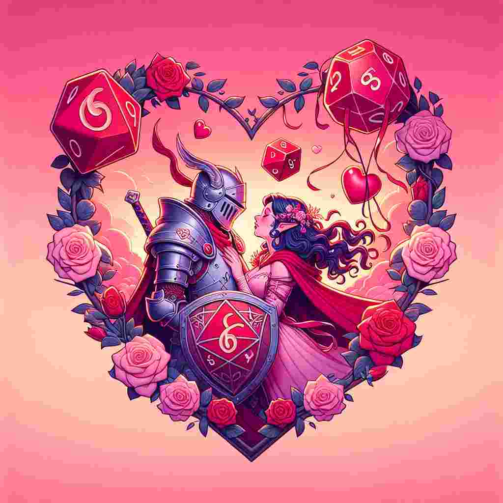 A scenic illustration reflecting the spirit of Valentine's Day set against a pastel pink and vivid red background. An armored knight and a magical sorceress, both of unspecified descent, are locked in an affectionate embrace, with the knight's shield showing a playful integration of the number 6 dice from a fantasy role-playing game. Their surroundings are composed of delicate roses and heart-shaped balloons, all within a heart-bordered frame, symbolizing their triumphant roll in the game of love.
Generated with these themes: Warhammer critical hit 6 dice.
Made with ❤️ by AI.