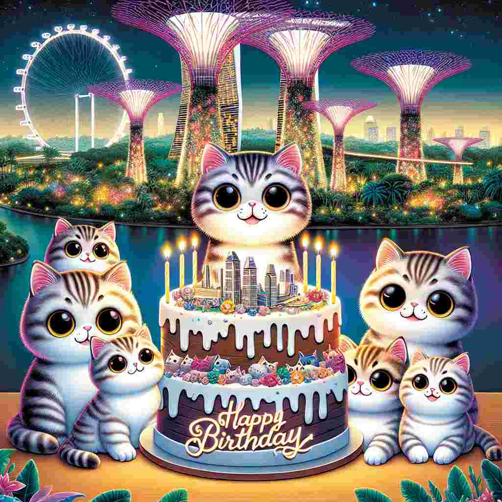 The illustration showcases an adorable scene of Singapura cats gathered around a birthday cake shaped like the Singapore Flyer. They are set on a background of the Gardens by the Bay with its distinctive trees lit up in vibrant colors. Above the festive felines, 'Happy Birthday' is written in stylish, flowing script, adding to the celebratory mood of the card.
Generated with these themes: Singapura Birthday Cards.
Made with ❤️ by AI.